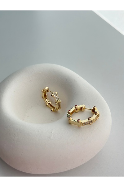 Tasarım Altıgen Taşlı Gold Serenay Küpe