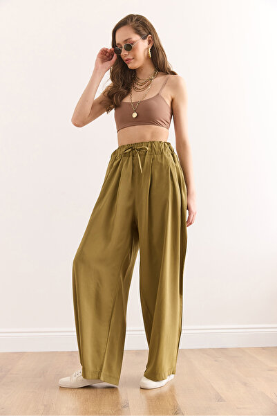 Olalook Kadın Yağ Yeşili Bağcıklı Bel Detaylı Cepli Modal Dökümlü Pantolon PNT-19000331