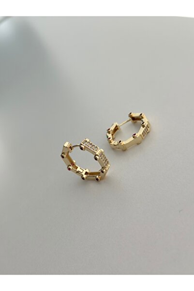 Tasarım Altıgen Taşlı Gold Serenay Küpe