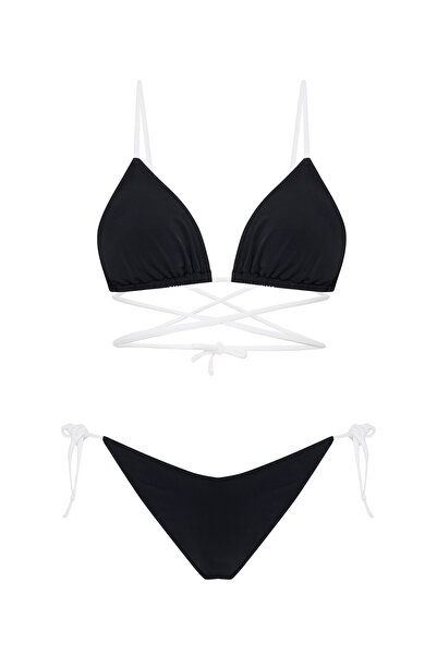 Beach&Beyond Kadın Siyah-Beyaz ipli V kesim yandan bağcıklı bikini altı
