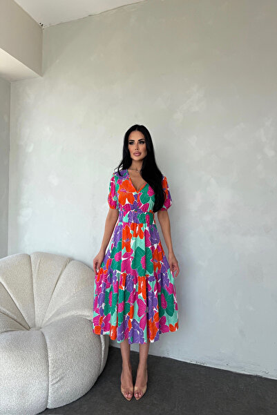 LİLA İSTANBUL Rochie de vară cu decolteu în V cu mâneci liliac cu imprimeu fl...