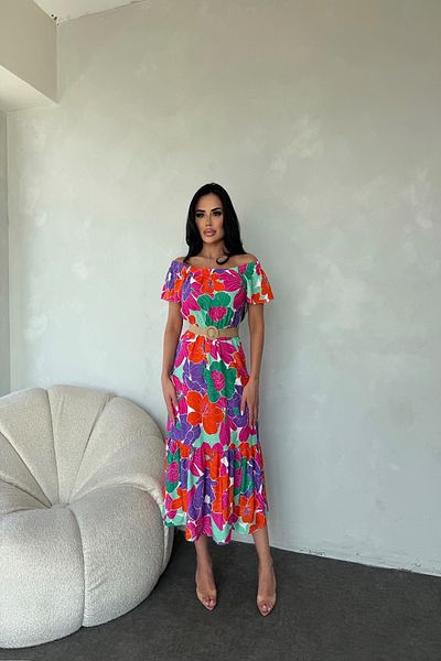 LİLA İSTANBUL Madonna Collar Floral Patterned Summer Dress (Belt Is an Accessory)