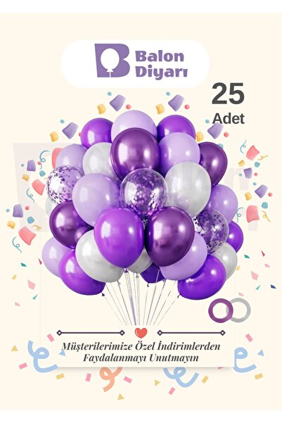 BALON DİYARI 25 Adet Lila - Mor - Şeffaf Konfetili, Balon Seti