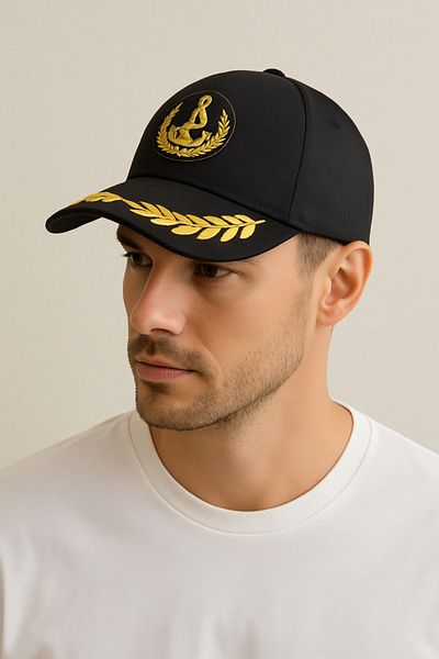 CosmoOutlet Unisex Black Captain Hat - Sailor Model, Anchor Embroidered, Adjustable on the Back