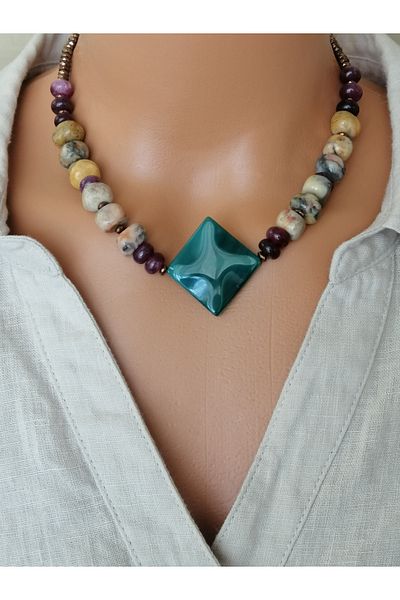 LemaStone Agate Lal Garnet Jasper Natural Stone Necklace and Earring Set - Aa Quality
