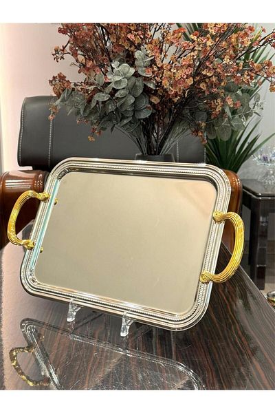 aljahwari Single Serving Tray, Two-Tone Nickel with Gold Handle