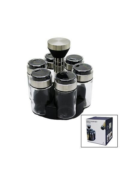 FRD GROUP 6 Pieces Round Glass - Chrome Coated Lid Salt Shaker - Spice Bowl with Rotating Stand (5235)