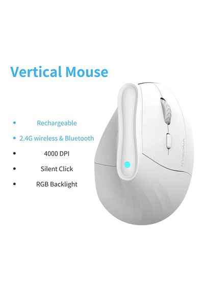 Choice ماوس رأسي لاسلكي من Kysona أبيض قابل لإعادة الشحن بتقنية البلوتوث، مريح، RGB، قابل لإعادة الشحن بدقة 4000 نقطة في البوصة، 6 أزرار