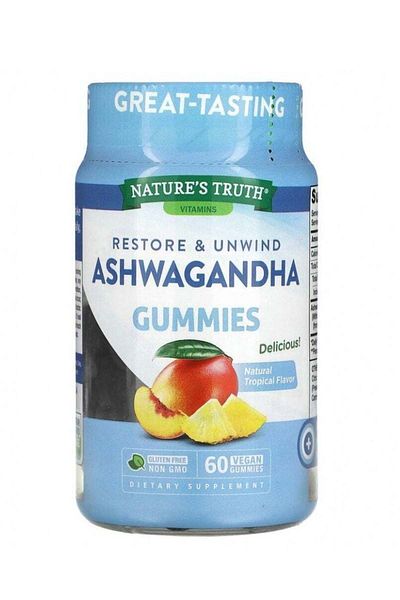 Nature's Truth Ashwagandha Gummies Vegan Gluten Free Supplement 60 Tropical Flavor Gummies