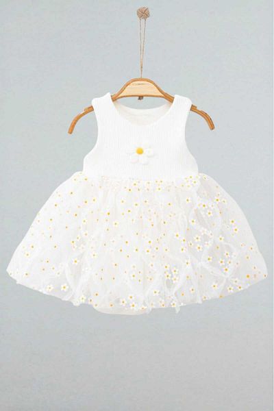dinamik çocuk Daisy Patterned Tulle Bodysuit Girl's Dress with Ribbed, Sleeveless Summer Bottom Outfit