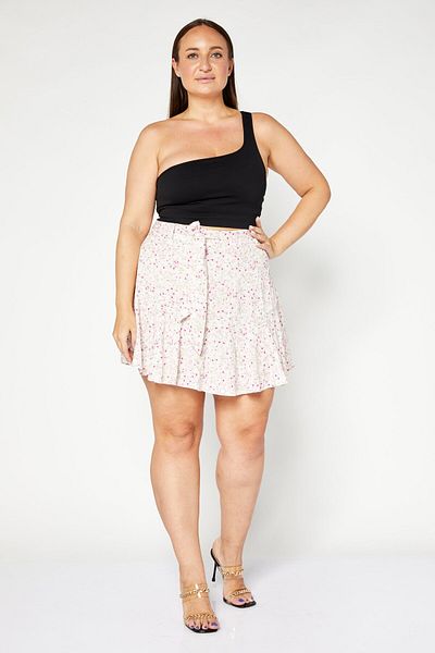 En Creme Women Plus Size Floral Print Belted Mini Skirt, Off White