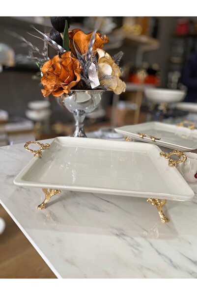 Sillage Home Square Gold Footed Handle Detailed Presentation Serving Plate 35 cm