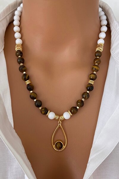 TARZ-I TAKI Altın Kaplama Doğal Taş Kahverengi Kaplan Gözü Özel Tasarım Taşlı...