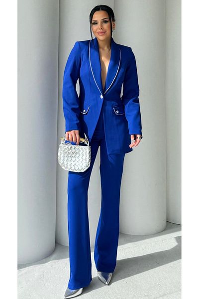 pembekurdelem Silver Detail Women's Jacket-Pants Set Blue