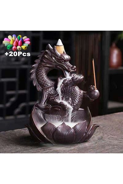 Choice AQ54 With 20Cones Lotus Dragon Ceramic Home Ornaments Waterfall Backflow Incense Burner Incense Stic
