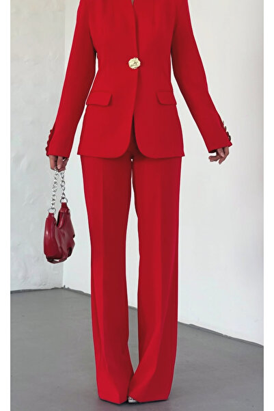 pembekurdelem Kadın Gold Düğmeli Ceket Pantolon Takım Kırmızı