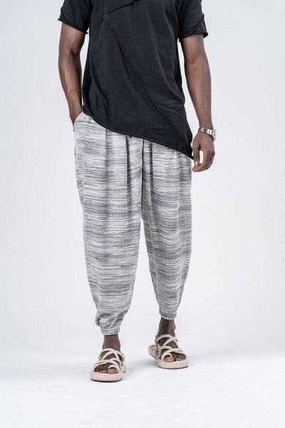 SUPERBLUE Men's Patterned Summer Wrinkled Gray Baggy Trousers