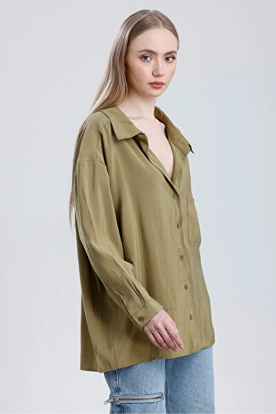 fatma keskin linna butik قميص بأكمام طويلة بأكمام طويلة مودال مغطى بجيب زيتي ...