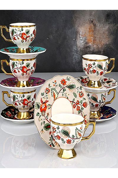Kosova Flower White Cup Colorful Plate Luxury Porcelain Coffee Cup Coffee Cup Set