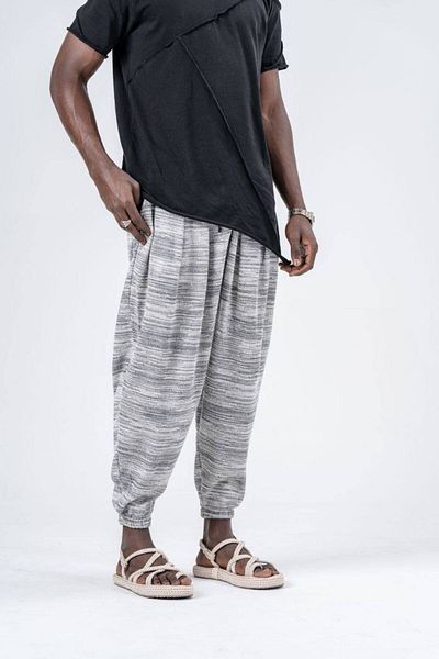 SUPERBLUE Men's Patterned Summer Wrinkled Gray Baggy Trousers