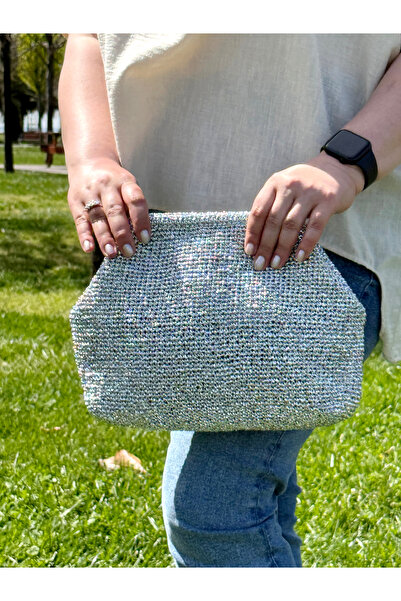 Bunibag Simli Kağıt İp Örme Gizli Burslu Portföy Clutch Çanta