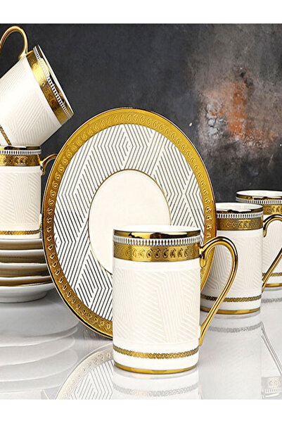 Kosova GOLD BEYAZ İŞLEMELİ LÜKS PORSELEN KAHVE FİNCAN TAKIMI KAHVE FİNCANI