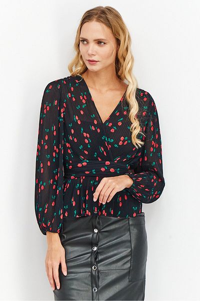 The Kooples Women V-Neck Long Sleeve Cherry Print Top, Black Combo