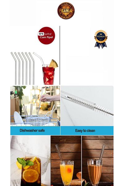figanlar ambalaj 1St Quality Reusable 12 Glass Straws + 2 Cleaning Brush Set