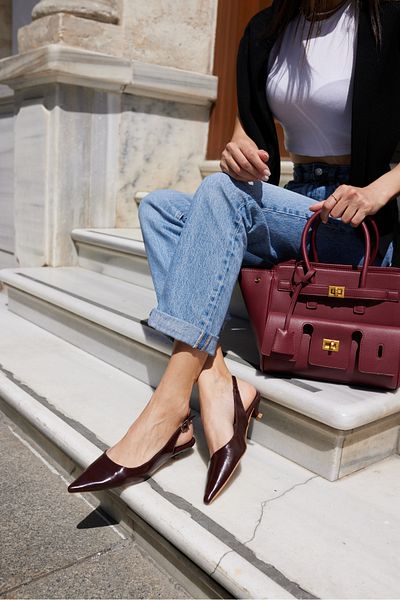 ANGELİNA JONES Murcia Women's Burgundy Material Mini Heel Slinback Shoes