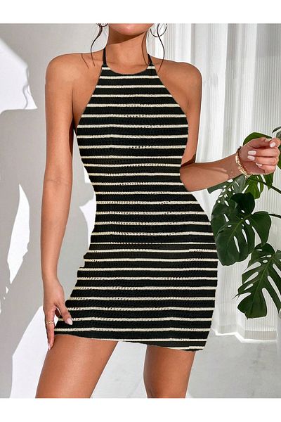 my cherie Back Low-Cut Knitwear Striped Mini Dress