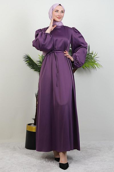 GİYZAMİLA Dark Lilac Satin Dress with Thin Belt