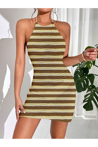 my cherie Back Low-Cut Knitwear Striped Mini Dress