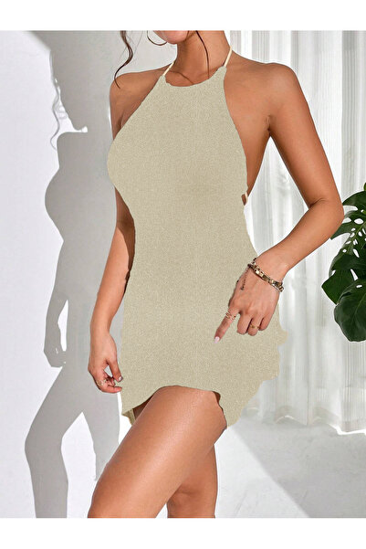 my cherie Açık Vizon Sırtı Dekolteli Mini Triko Elbise