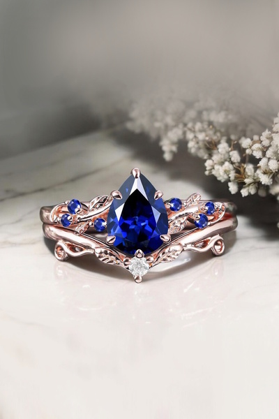 My Diamond Safir Ve Pırlanta Yaprak Tasarım Vintage Set Yüzük