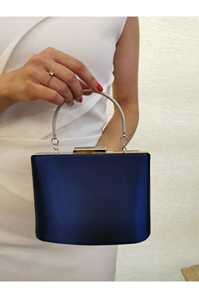 MODA Beegi̇ Women's Satin Navy Blue Evening Dress Clutch Night Chain Wedding Bag