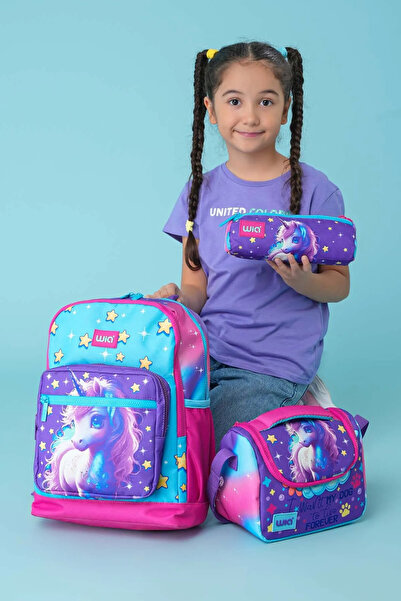 VKN Set de 3 genți de școală cu model unicorn pentru fete Wia, roz