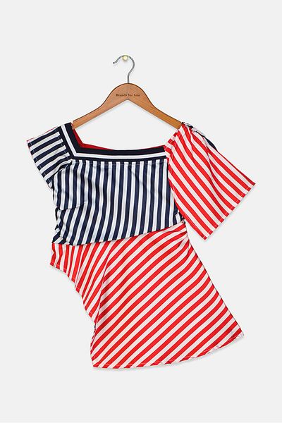 Fun & Fun Kid Girls Square Neck Short Sleeve Stripe Top, Red And Navy Combo