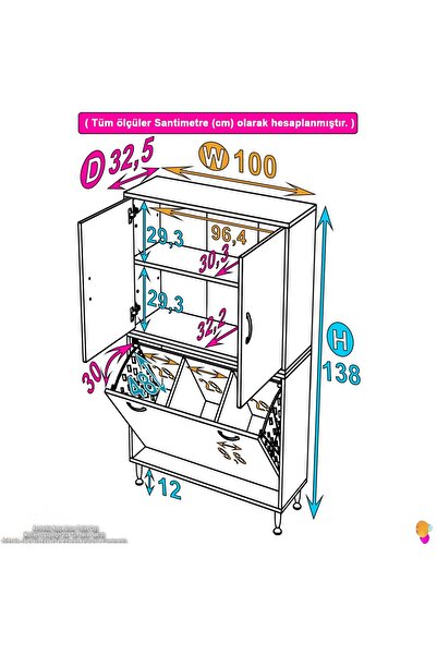 Modilayn İLKİM 100 x 138 x 32,5 cm' lik Kapak İçi Çift Raflı, Üç Akıllı Çamaşır Sepetli Dolap
