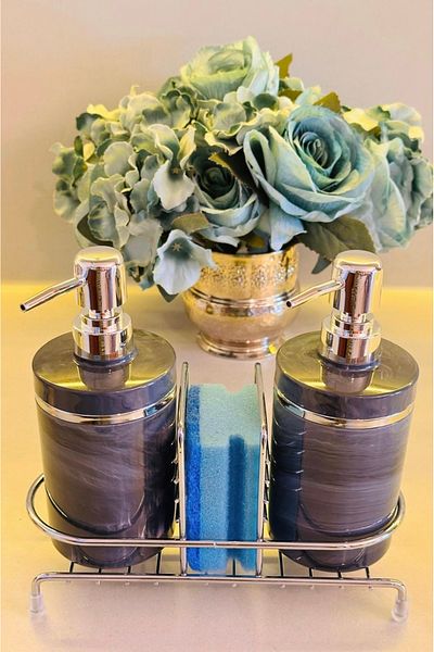 Makri Set of 2 Liquid Soap Dispensers with Stand and Sponge Holder - Silver Color Detail