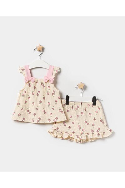 Magu Baby Girl Cotton Cream Floral Patterned Muslin Ruffle Blouse and Shorts Set
