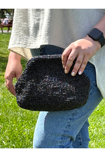 Bunibag Siyah Simli Kağıt İp Şık clutch Çanta
