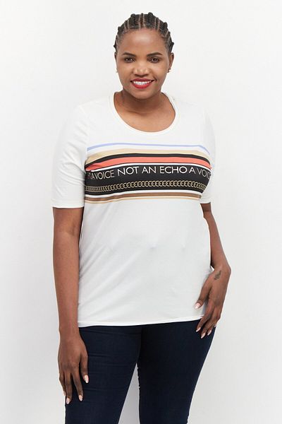Samoon Women Round Neck Short Sleeves Graphic Printed T Shirt, White Combo