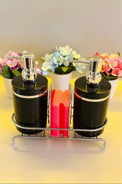 MAKRİ HOME Stantlı 2'li Sıvı Sabunluk Seti Süngerlikli - Gümüş Renk Detaylı