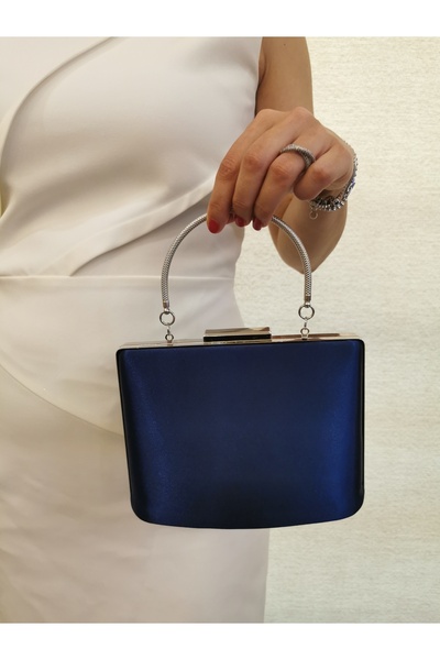MODA Beegi̇ Women's Satin Navy Blue Evening Dress Clutch Night Chain Wedding Bag