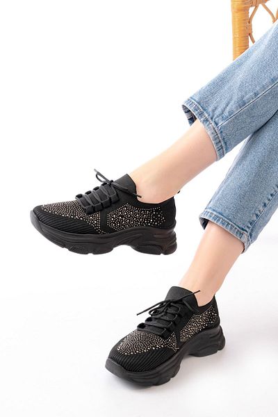 İnfon Ayakkabı Marketi Sports Shoes 3002 Black Lace-Up Mesh Casual Sports Shoes with Stone Accessories