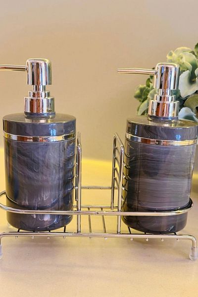Makri Set of 2 Liquid Soap Dispensers with Stand and Sponge Holder - Silver Color Detail