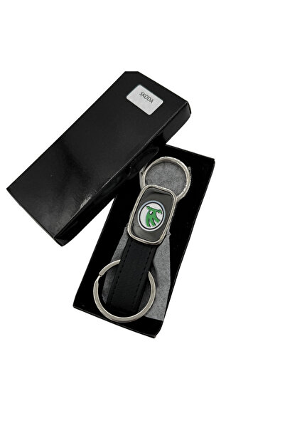 platin hediyelik Skoda Logo Leather / Steel Keychain, Steel Keychain