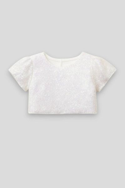 Magu Girls' Sequined Short Sleeve Ecru Crop – Sparkling Special Occasion Piece
