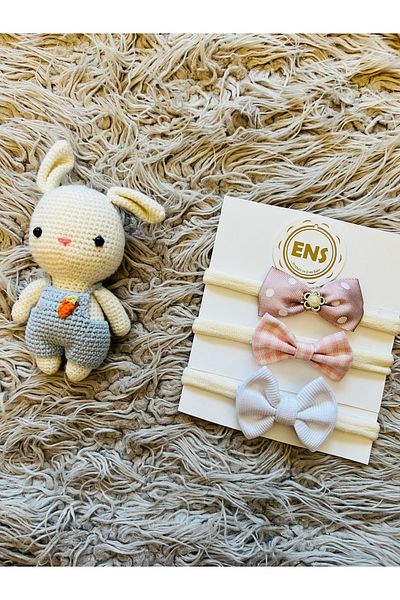 enes baby Pack of 3 Pink Plaid Bandana Set with White Bow