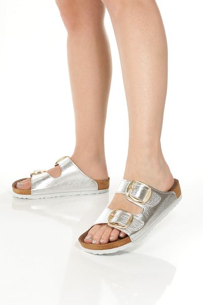 ZİESCE Women's Silver Metallic Gold Buckle Double Banded Adjustable Buckle Casual Slippers